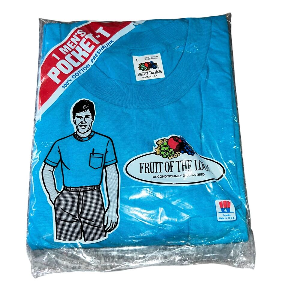 Vintage 80s Fruit of the Loom men's pocket t shirt sz large made in USA Blue NEW